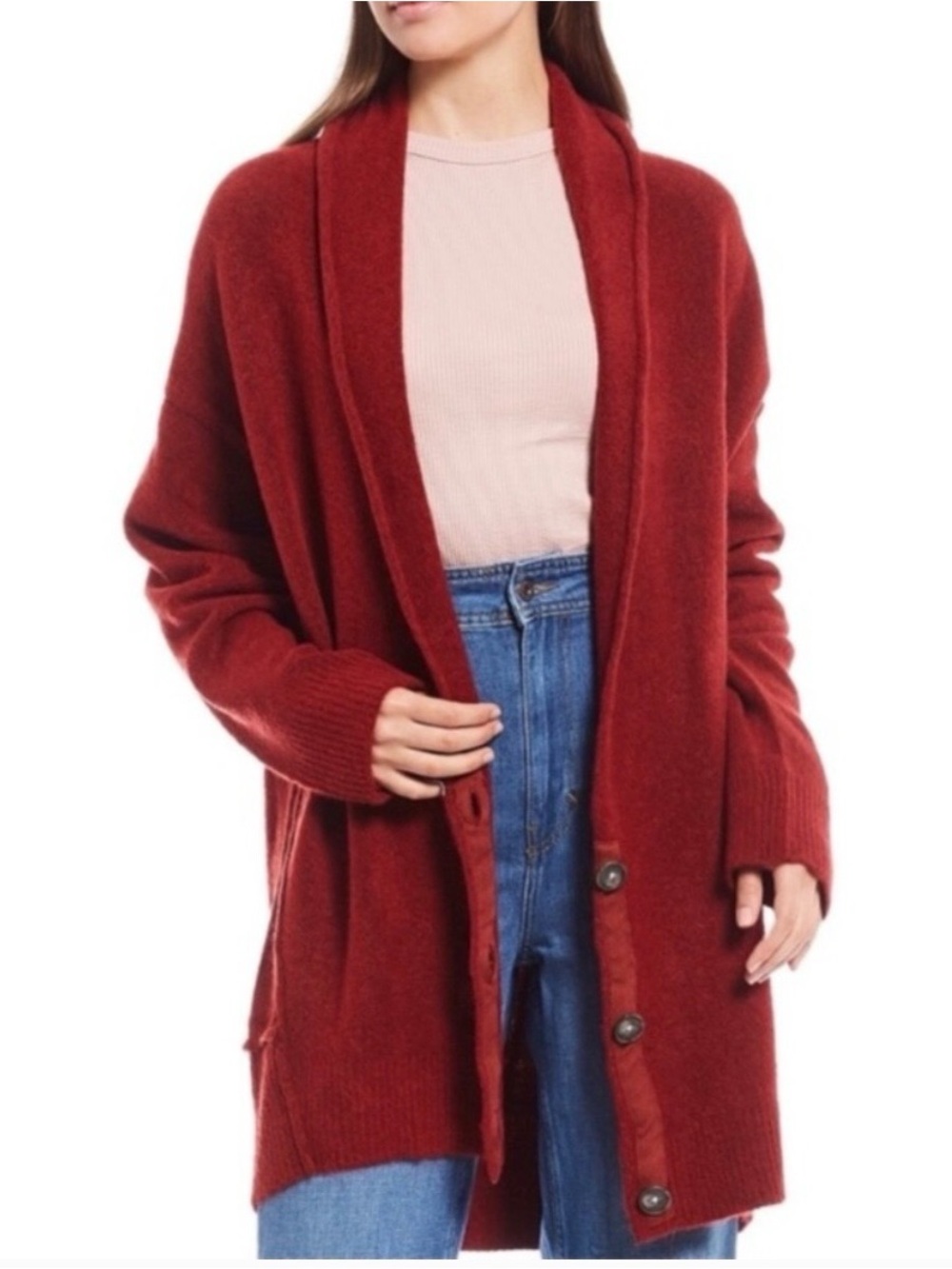 Free People Eucalyptus Relaxed Open-Front Cardigan Sweater Brick Red Size large
